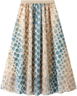 Women's Flower Mesh Long Umbrella Skirt Spring Summer Printed Princess Dress Pleated Skirt