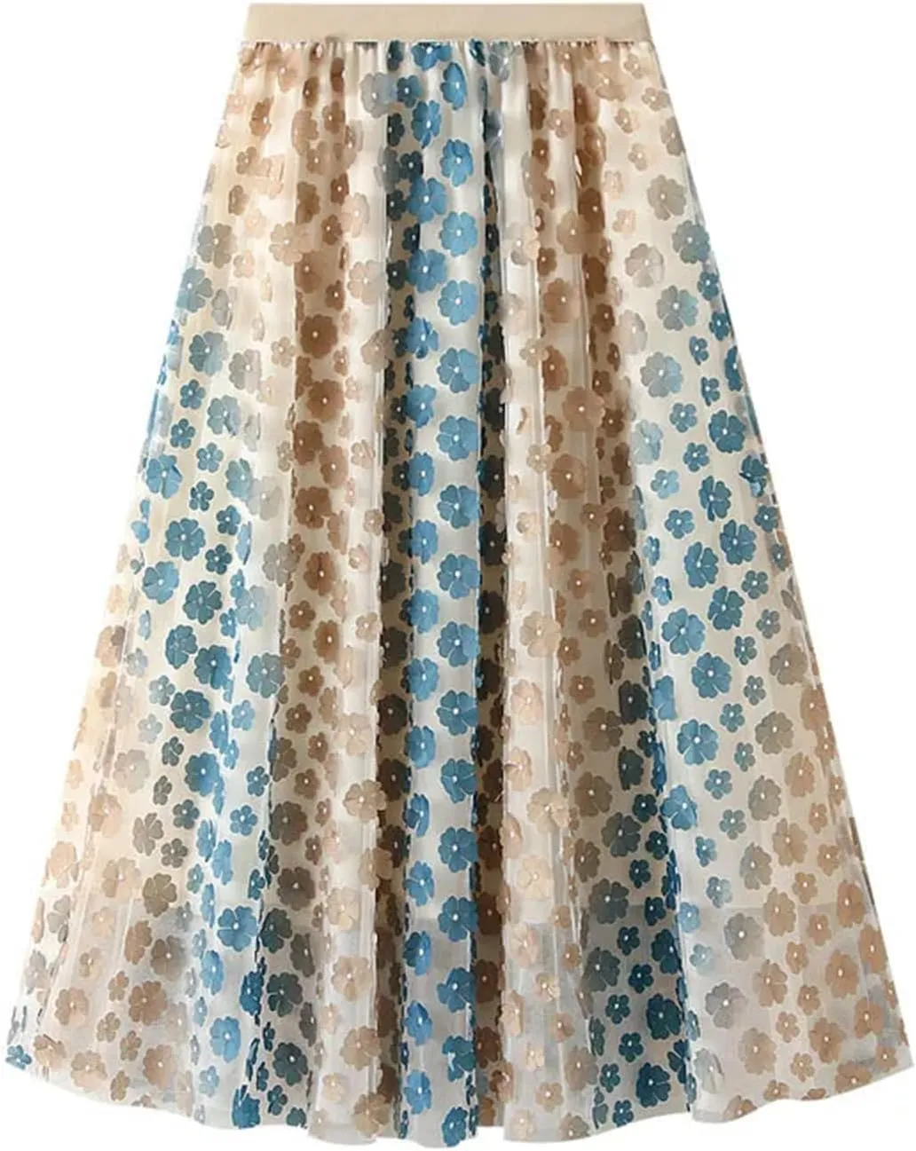 Women's Flower Mesh Long Umbrella Skirt Spring Summer Printed Princess Dress Pleated Skirt