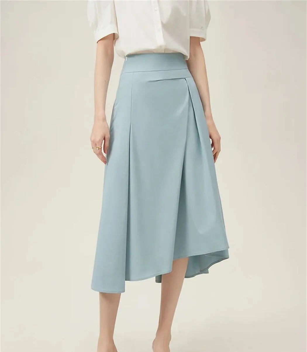 Women's French Style Irregular A-Line Skirt Summer Elastic Waist Casual Pleated Skirt