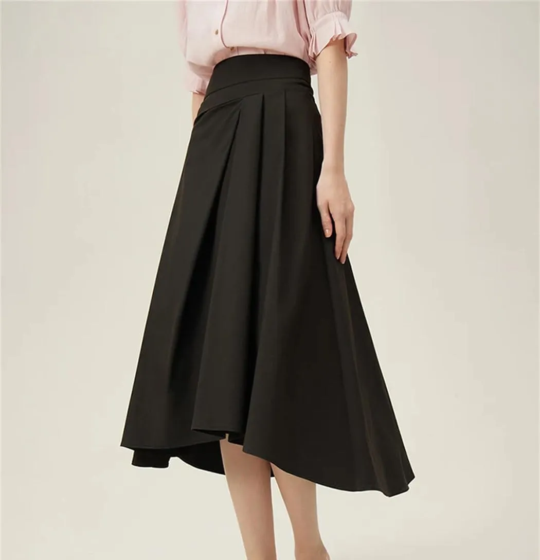 Women's French Style Irregular A-Line Skirt Summer Elastic Waist Casual Pleated Skirt
