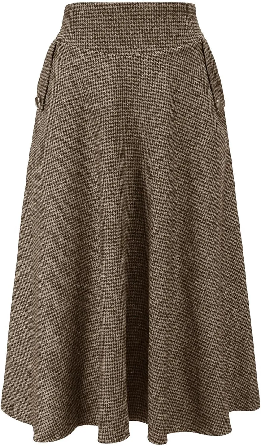 Women's High Waist Plaid Wool Maxi Skirt Thickened A-Line Long Flared Skirt