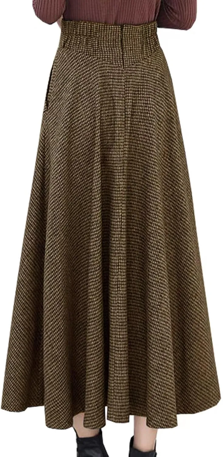 Women's High Waist Plaid Wool Maxi Skirt Thickened A-Line Long Flared Skirt