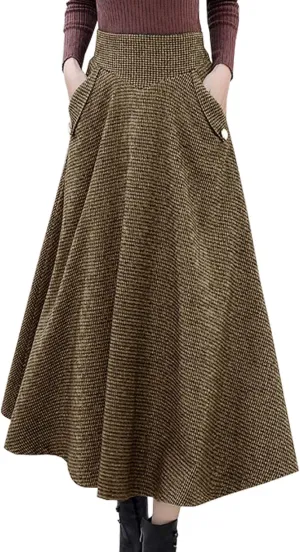 Women's High Waist Plaid Wool Maxi Skirt Thickened A-Line Long Flared Skirt