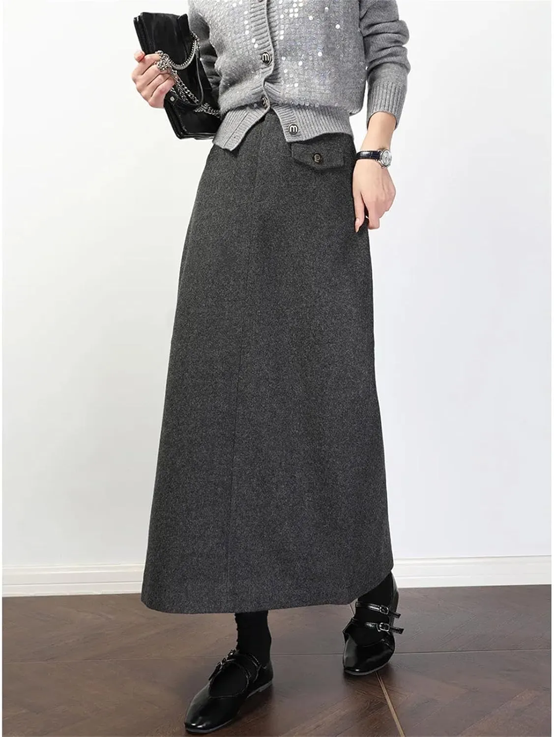 Women's Utility Tube Skirt with Hip Bag Accent, Winter High Waist Commuter Maxi
