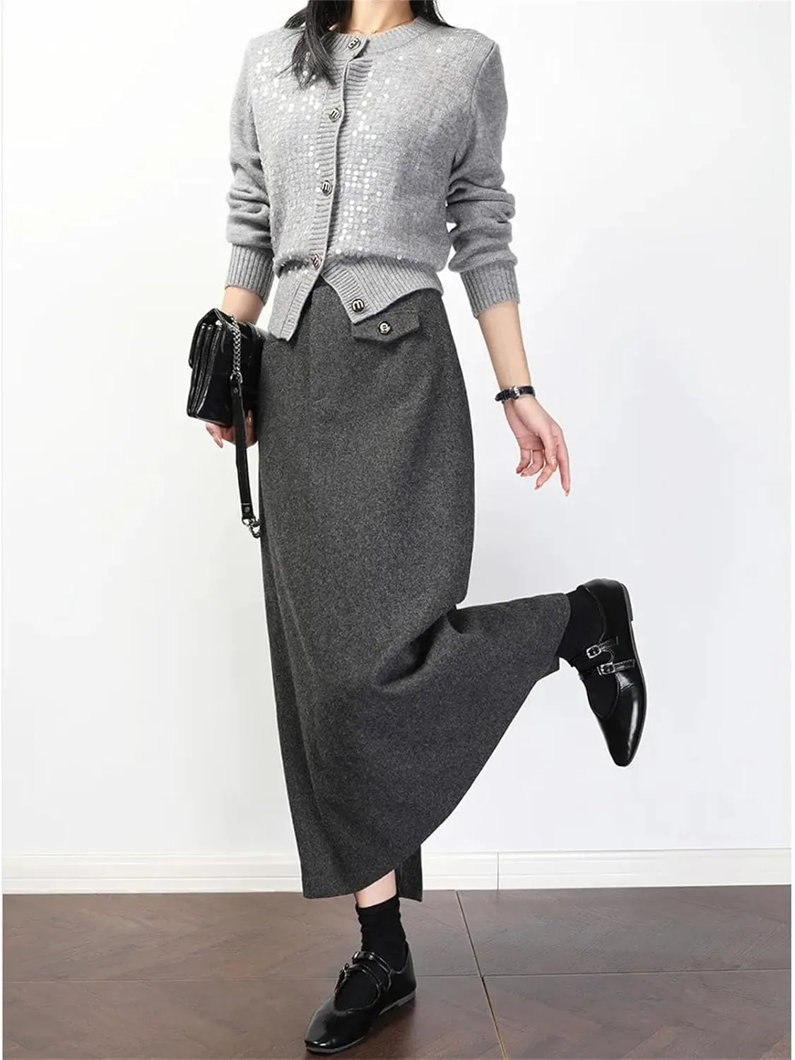 Women's Utility Tube Skirt with Hip Bag Accent, Winter High Waist Commuter Maxi