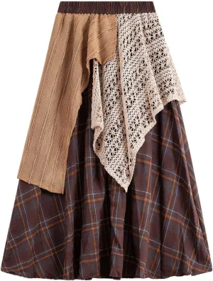 Women's Vintage Plaid Midi Skirt Casual Stretchy A-line High Waist Skirt