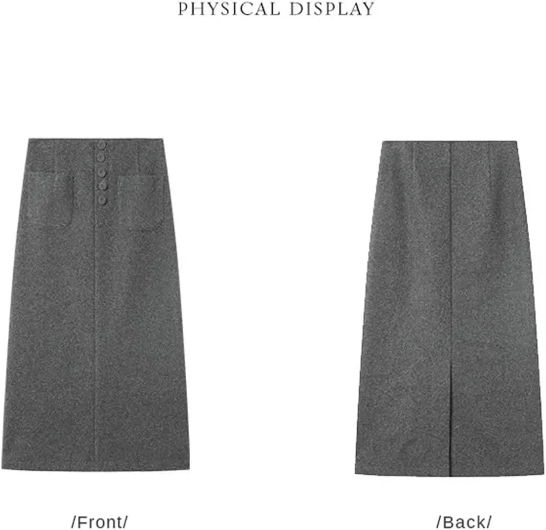 Women's Winter A-Line Skirt with Buckle Pockets, High Waist Thermal Long Half Skirt