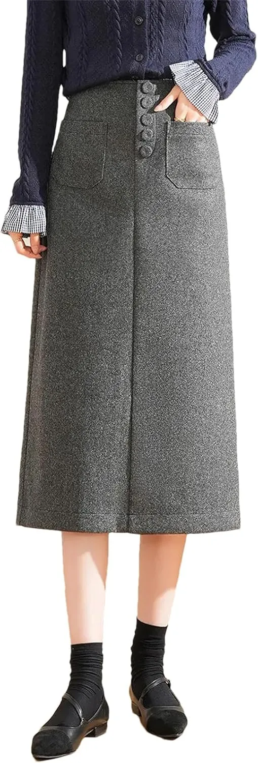 Women's Winter A-Line Skirt with Buckle Pockets, High Waist Thermal Long Half Skirt
