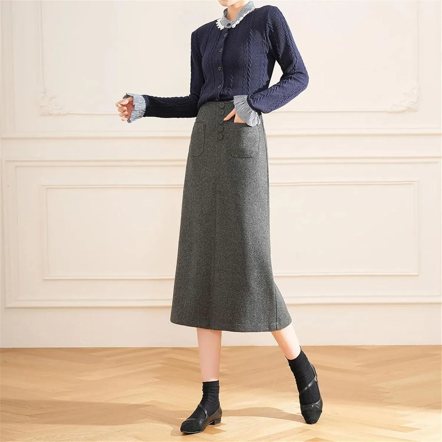 Women's Winter A-Line Skirt with Buckle Pockets, High Waist Thermal Long Half Skirt