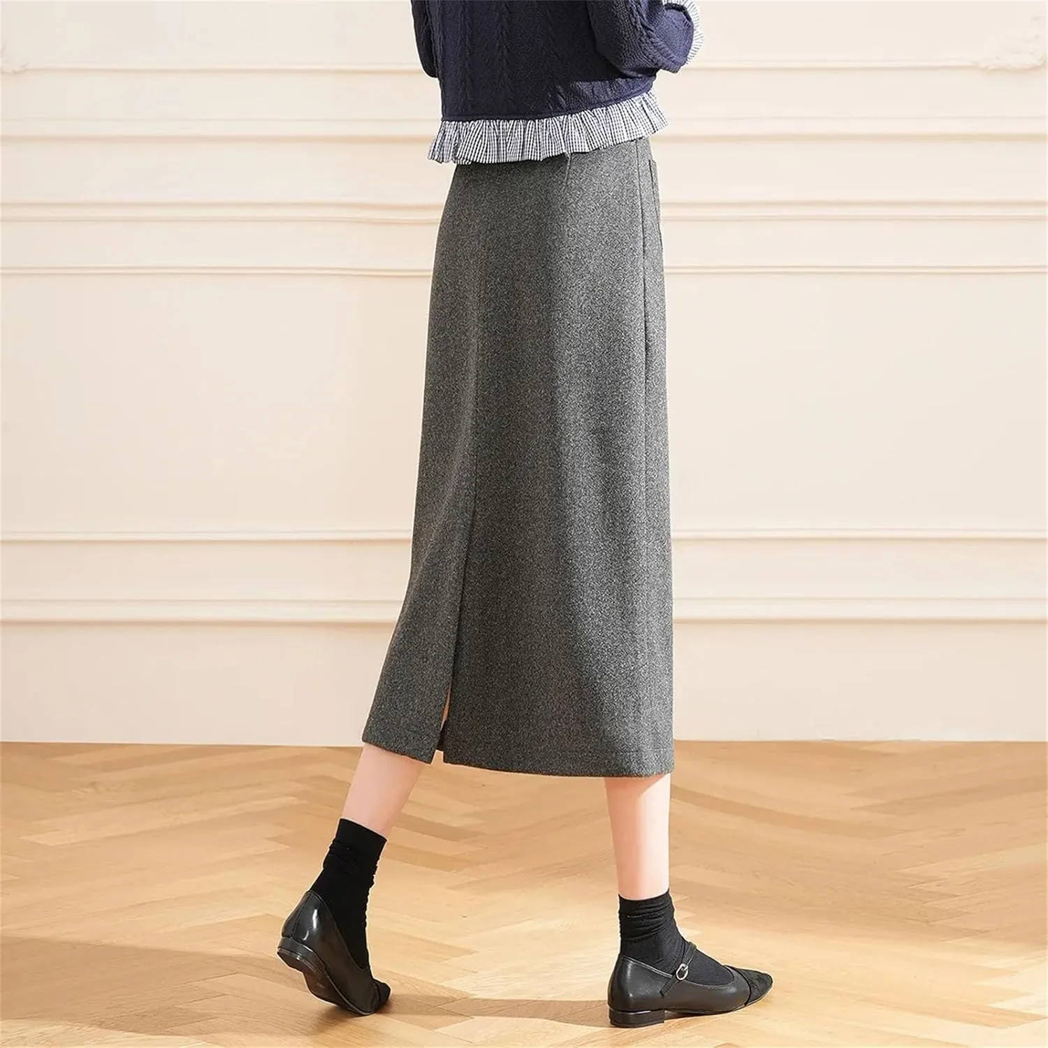 Women's Winter A-Line Skirt with Buckle Pockets, High Waist Thermal Long Half Skirt