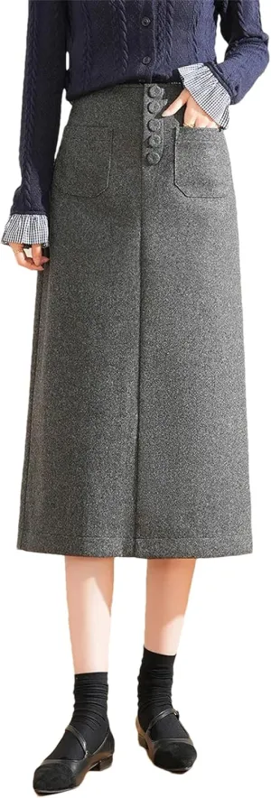 Women's Winter A-Line Skirt with Buckle Pockets, High Waist Thermal Long Half Skirt