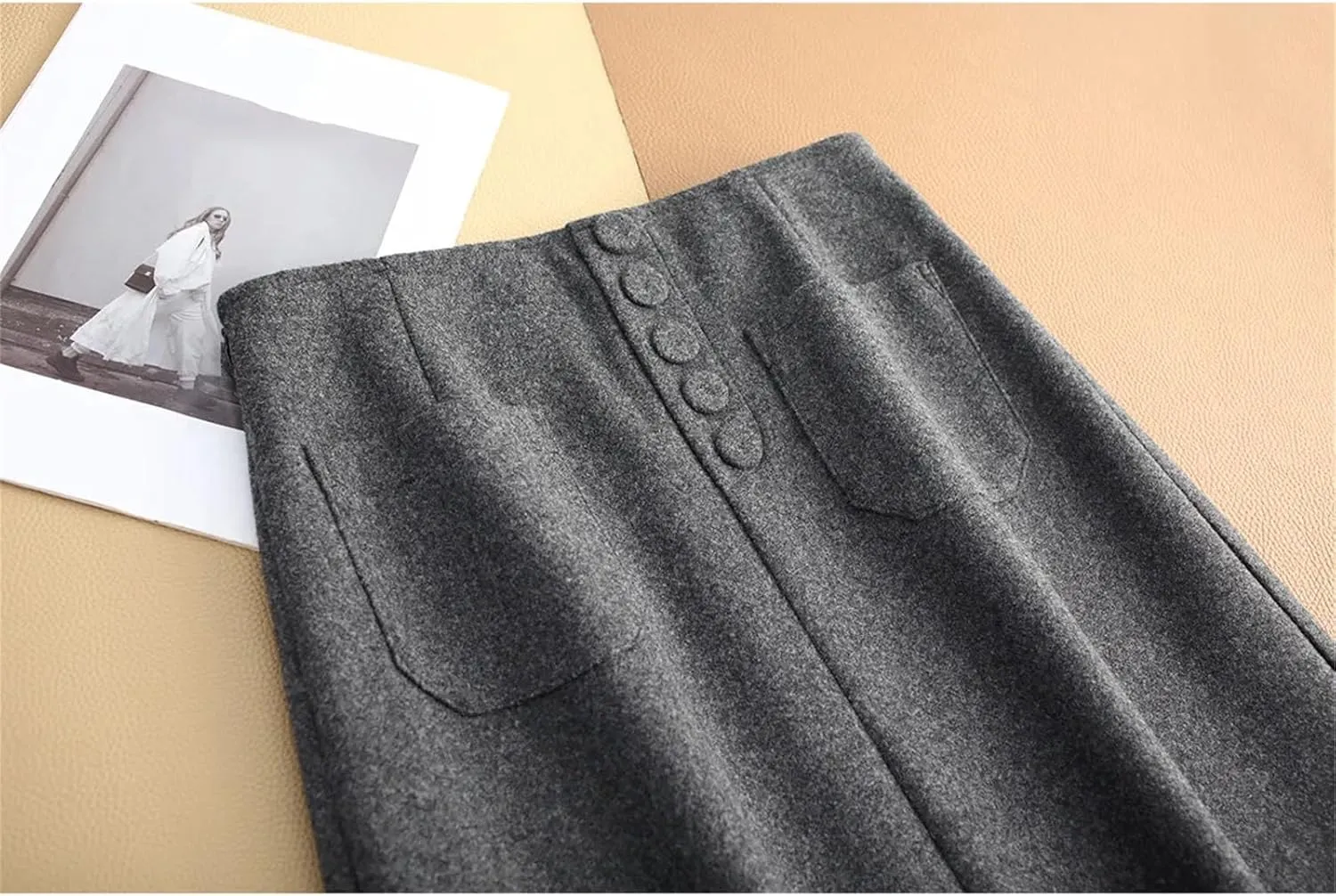 Women's Winter A-Line Skirt with Buckle Pockets, High Waist Thermal Long Half Skirt
