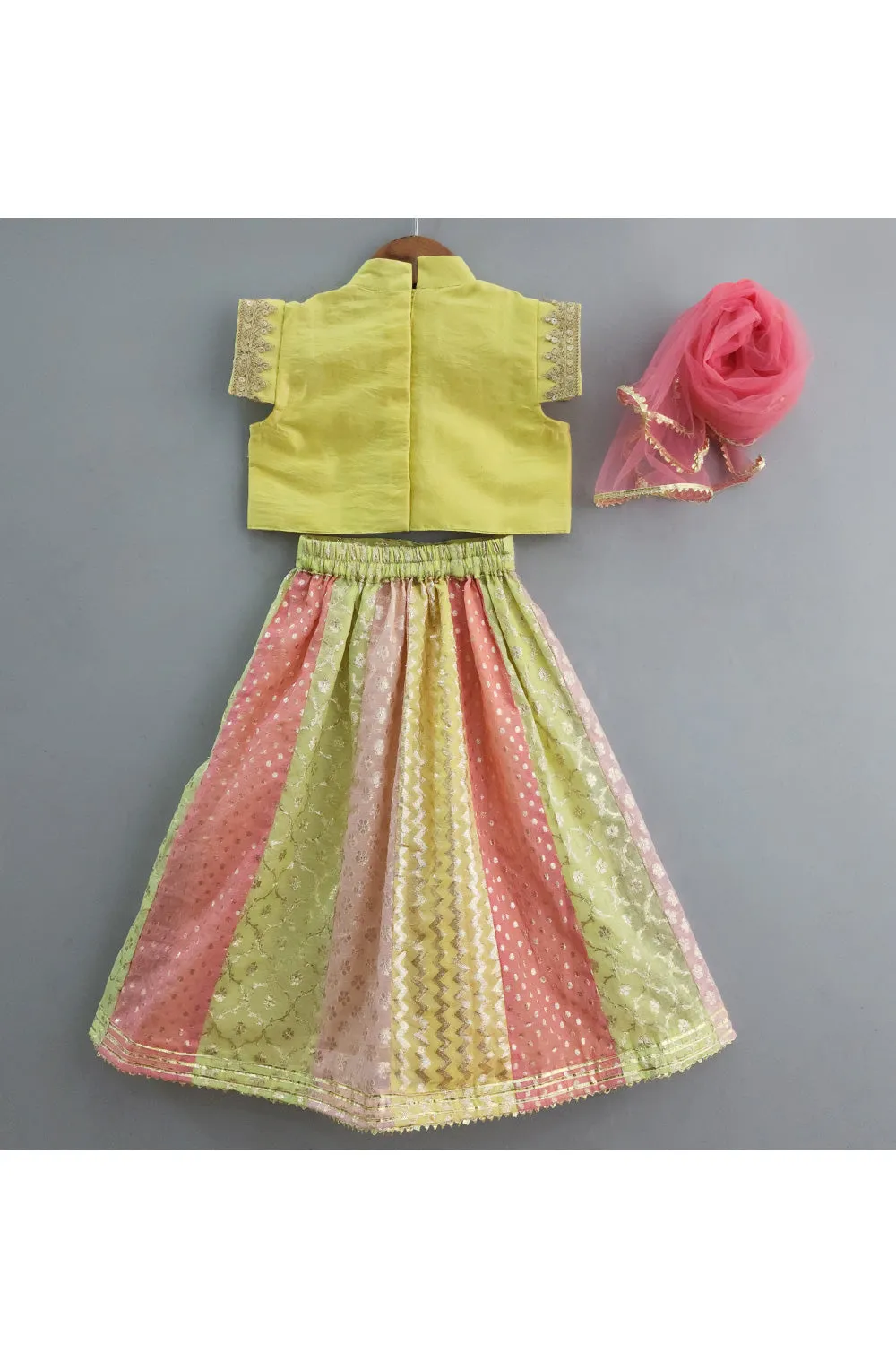 Yellow Lace Detailing Top With Multicolor Lehenga Set