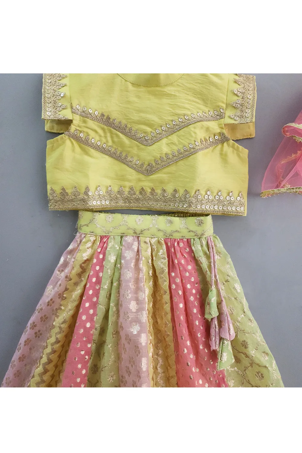 Yellow Lace Detailing Top With Multicolor Lehenga Set