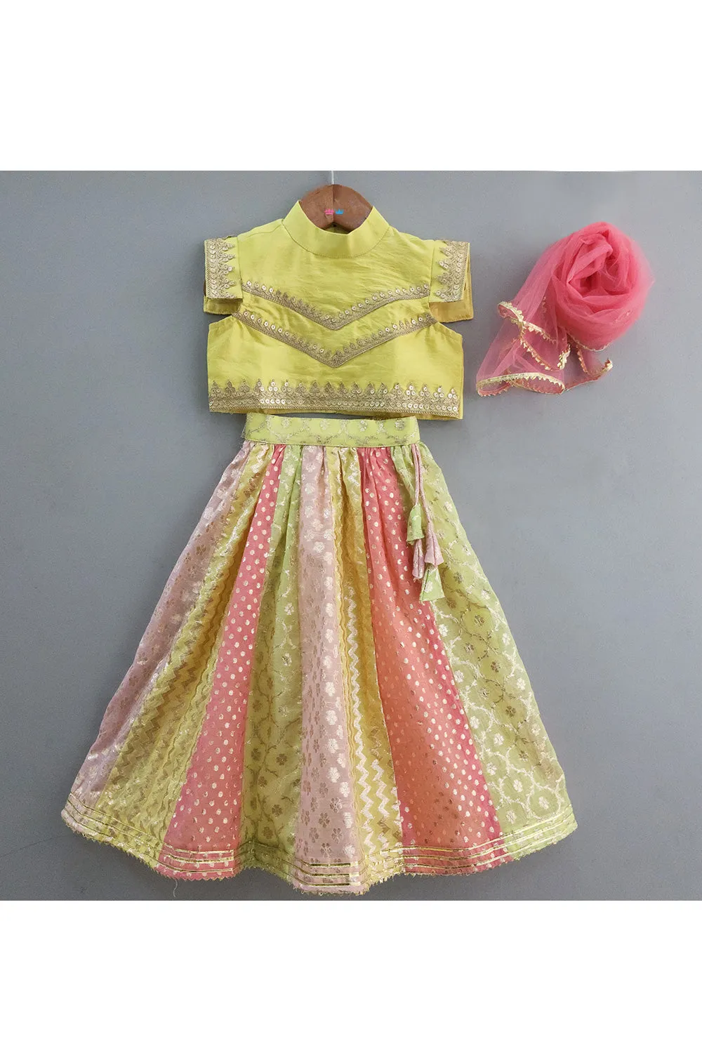 Yellow Lace Detailing Top With Multicolor Lehenga Set