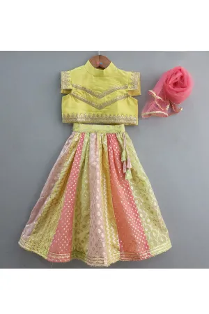 Yellow Lace Detailing Top With Multicolor Lehenga Set