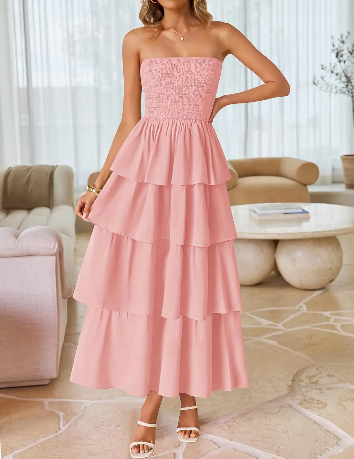 ZESICA Womens Summer Boho Strapless Maxi Dress 2025 Casual Sleeveless Off Shoulder Smocked Tiered Beach Long Sundress