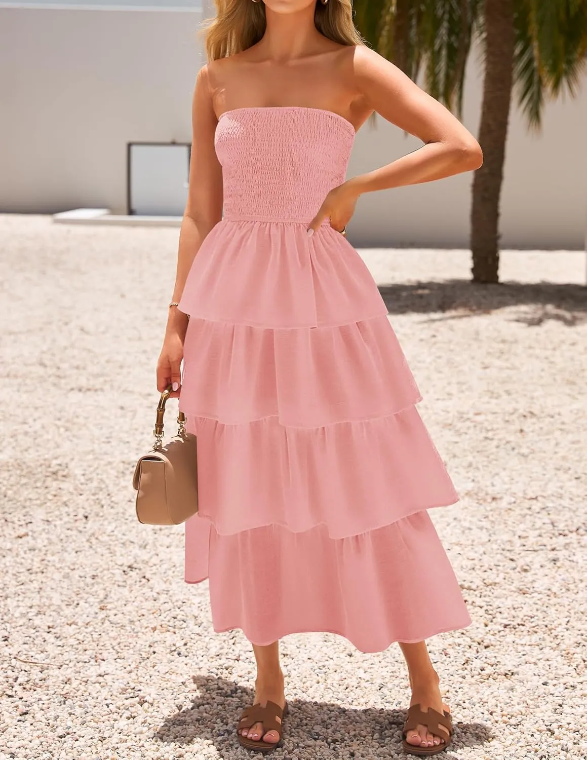 ZESICA Womens Summer Boho Strapless Maxi Dress 2025 Casual Sleeveless Off Shoulder Smocked Tiered Beach Long Sundress