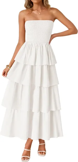 ZESICA Womens Summer Boho Strapless Maxi Dress 2025 Casual Sleeveless Off Shoulder Smocked Tiered Beach Long Sundress