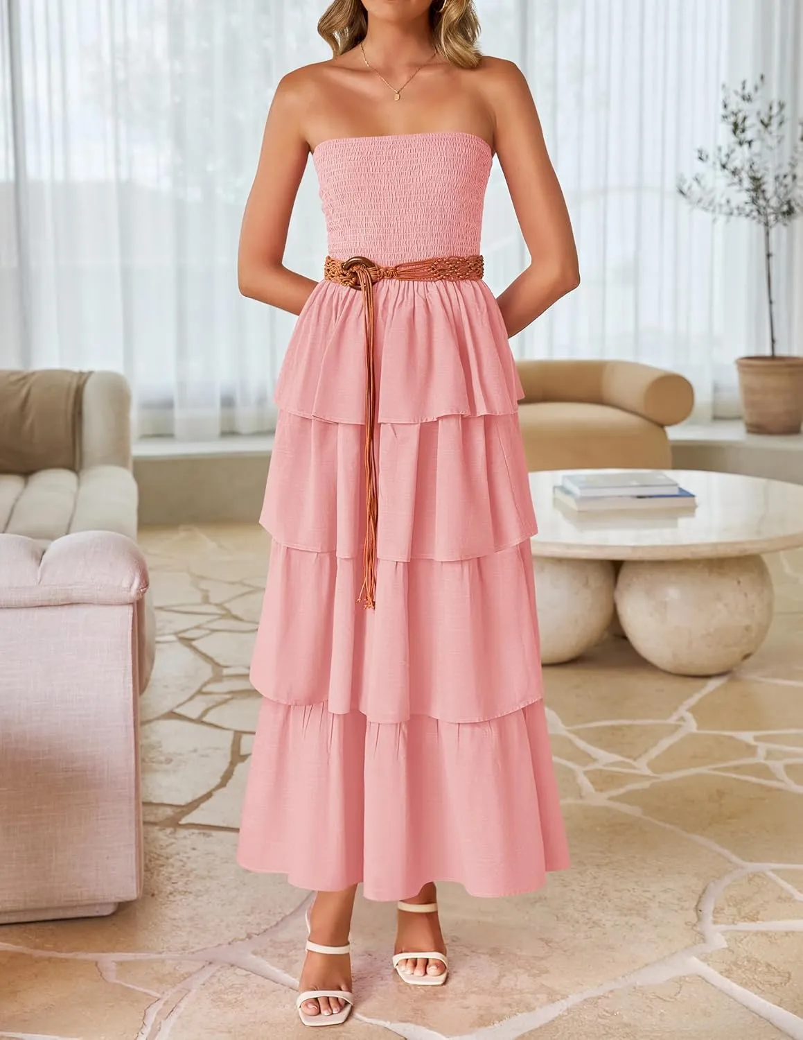 ZESICA Womens Summer Boho Strapless Maxi Dress 2025 Casual Sleeveless Off Shoulder Smocked Tiered Beach Long Sundress