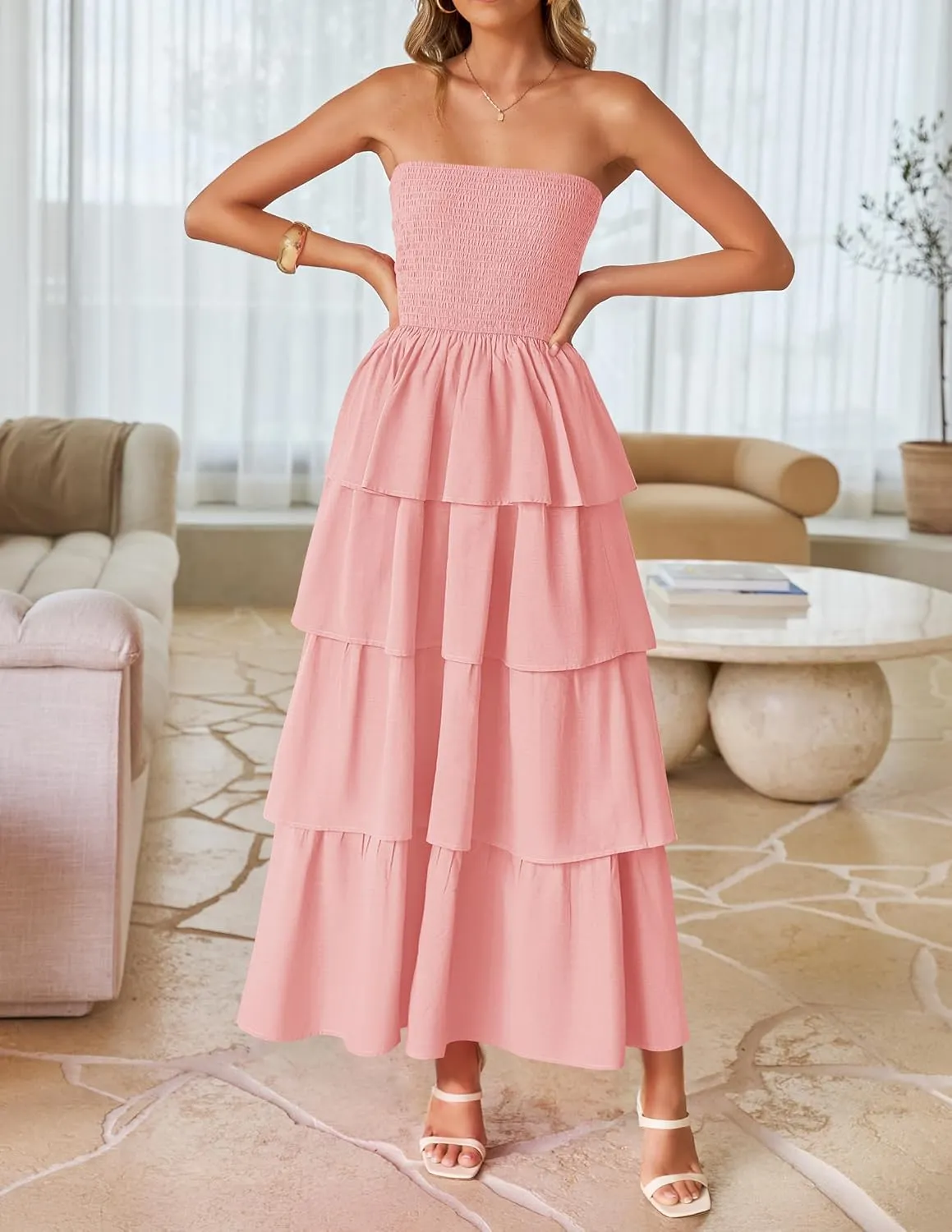 ZESICA Womens Summer Boho Strapless Maxi Dress 2025 Casual Sleeveless Off Shoulder Smocked Tiered Beach Long Sundress