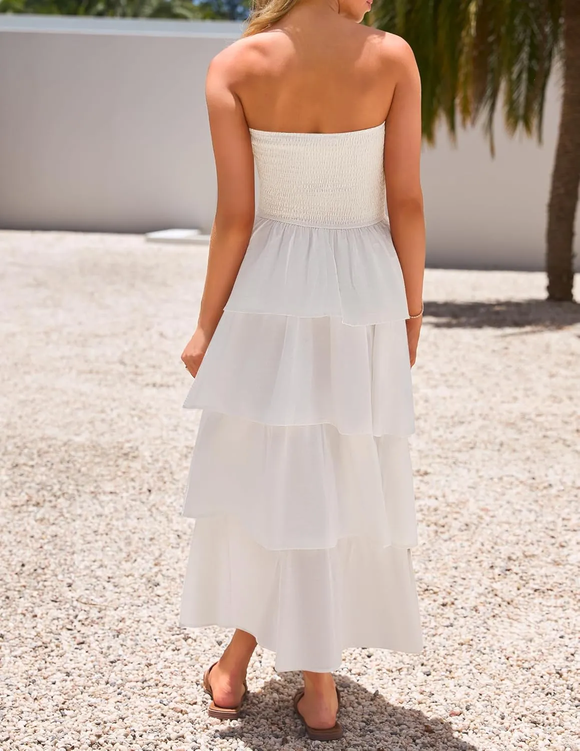 ZESICA Womens Summer Boho Strapless Maxi Dress 2025 Casual Sleeveless Off Shoulder Smocked Tiered Beach Long Sundress