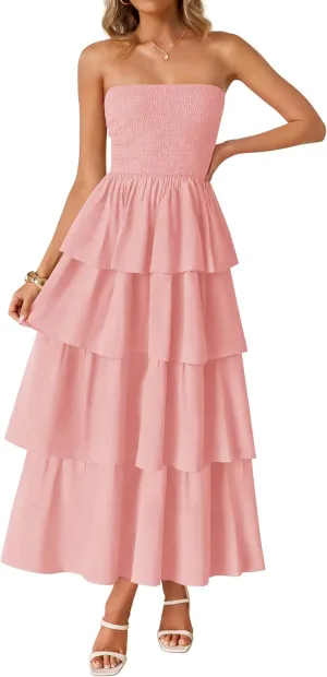 ZESICA Womens Summer Boho Strapless Maxi Dress 2025 Casual Sleeveless Off Shoulder Smocked Tiered Beach Long Sundress