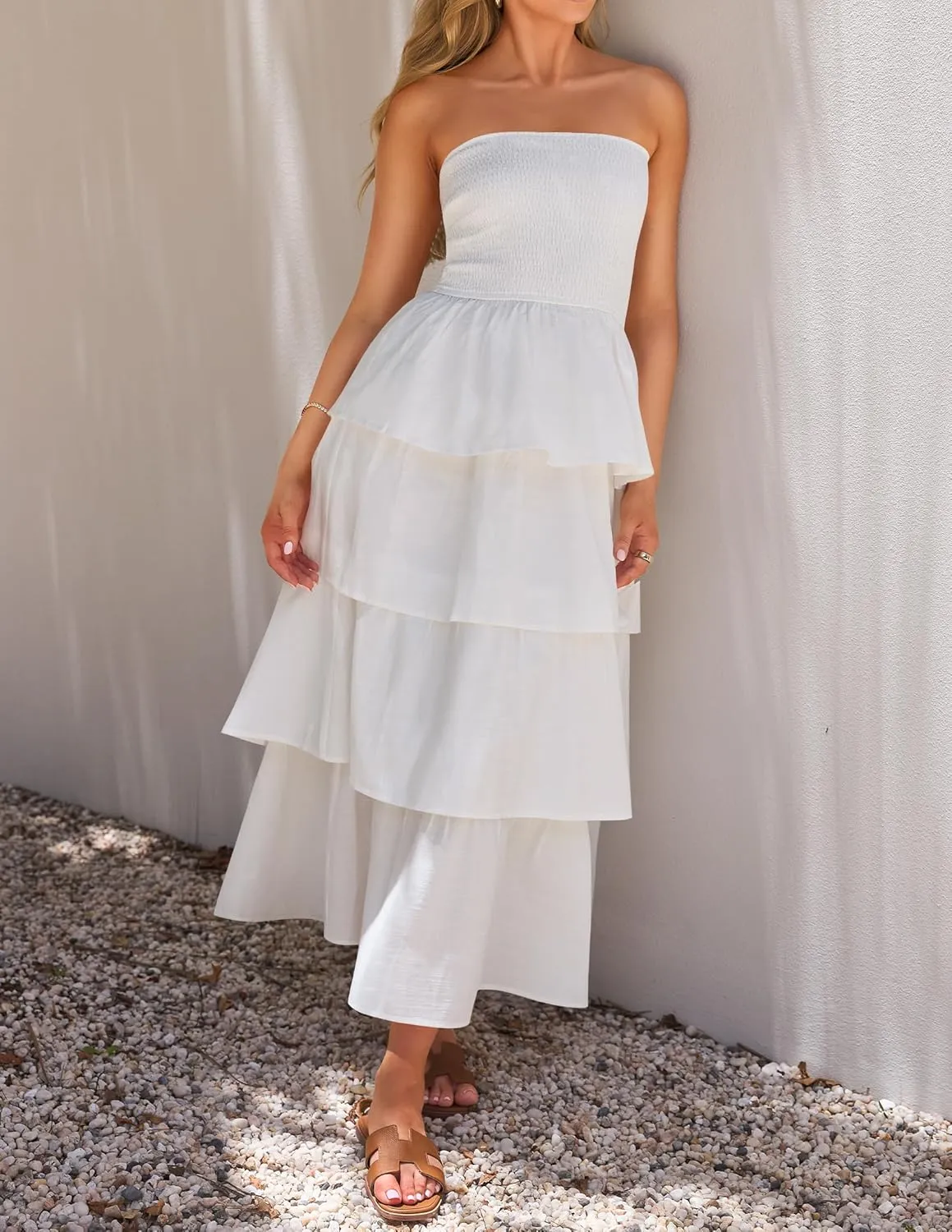 ZESICA Womens Summer Boho Strapless Maxi Dress 2025 Casual Sleeveless Off Shoulder Smocked Tiered Beach Long Sundress