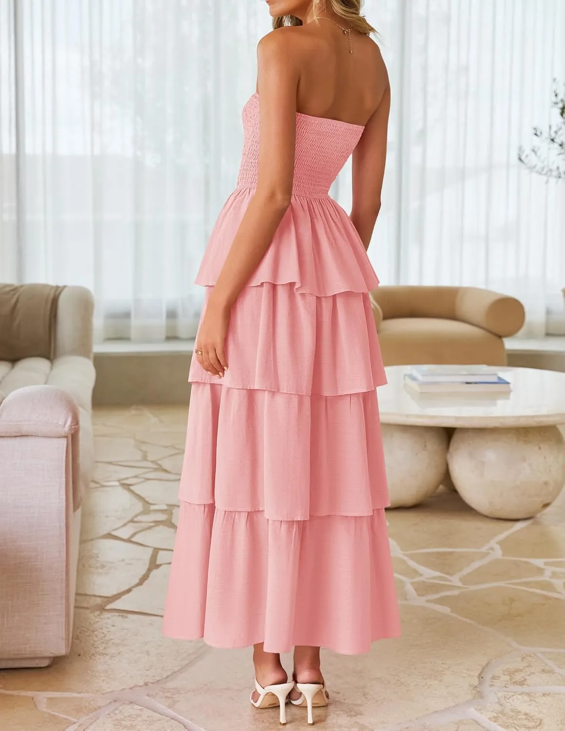 ZESICA Womens Summer Boho Strapless Maxi Dress 2025 Casual Sleeveless Off Shoulder Smocked Tiered Beach Long Sundress